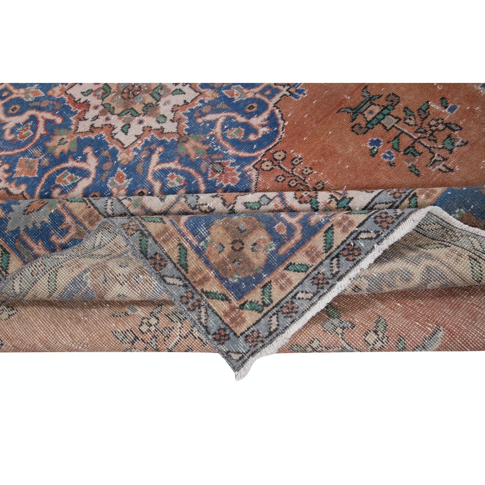 Traditional Vintage Handmade Turkish Rug in Red & Navy Blue with Medallion