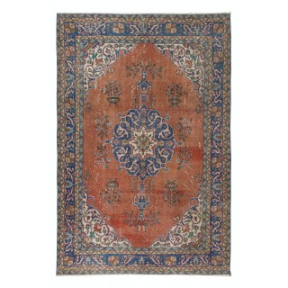 Traditional Vintage Handmade Turkish Rug in Red & Navy Blue with Medallion