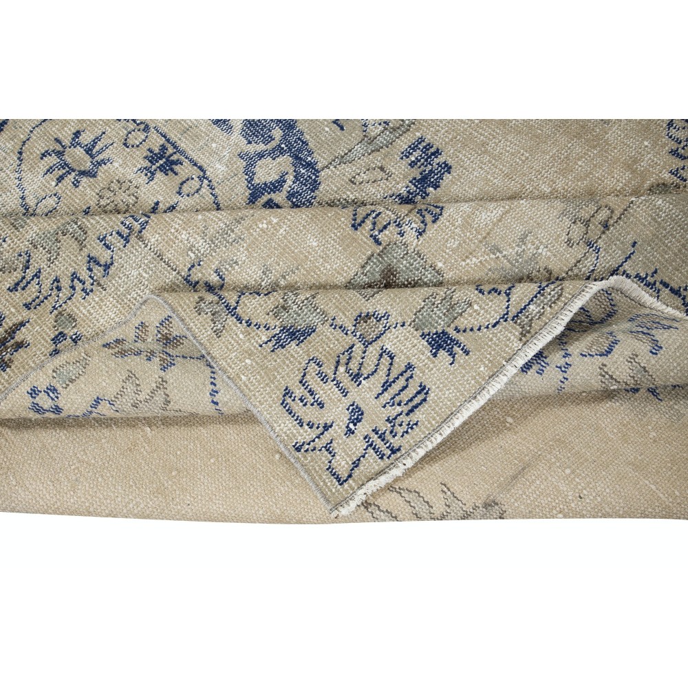 Vintage Turkish Rug in Beige & Navy Blue, Sun Faded Handmade Carpet