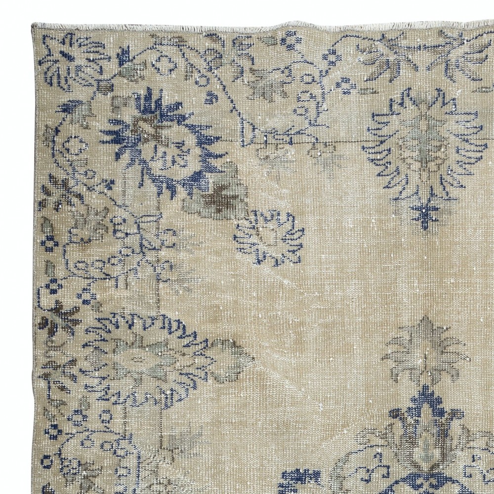 Vintage Turkish Rug in Beige & Navy Blue, Sun Faded Handmade Carpet