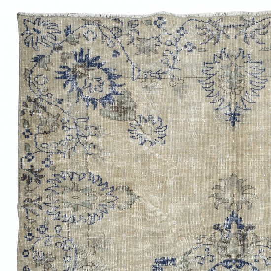 Mid-Century Anatolian Rug in Beige & Navy Blue, Sun Faded Handmade Carpet
