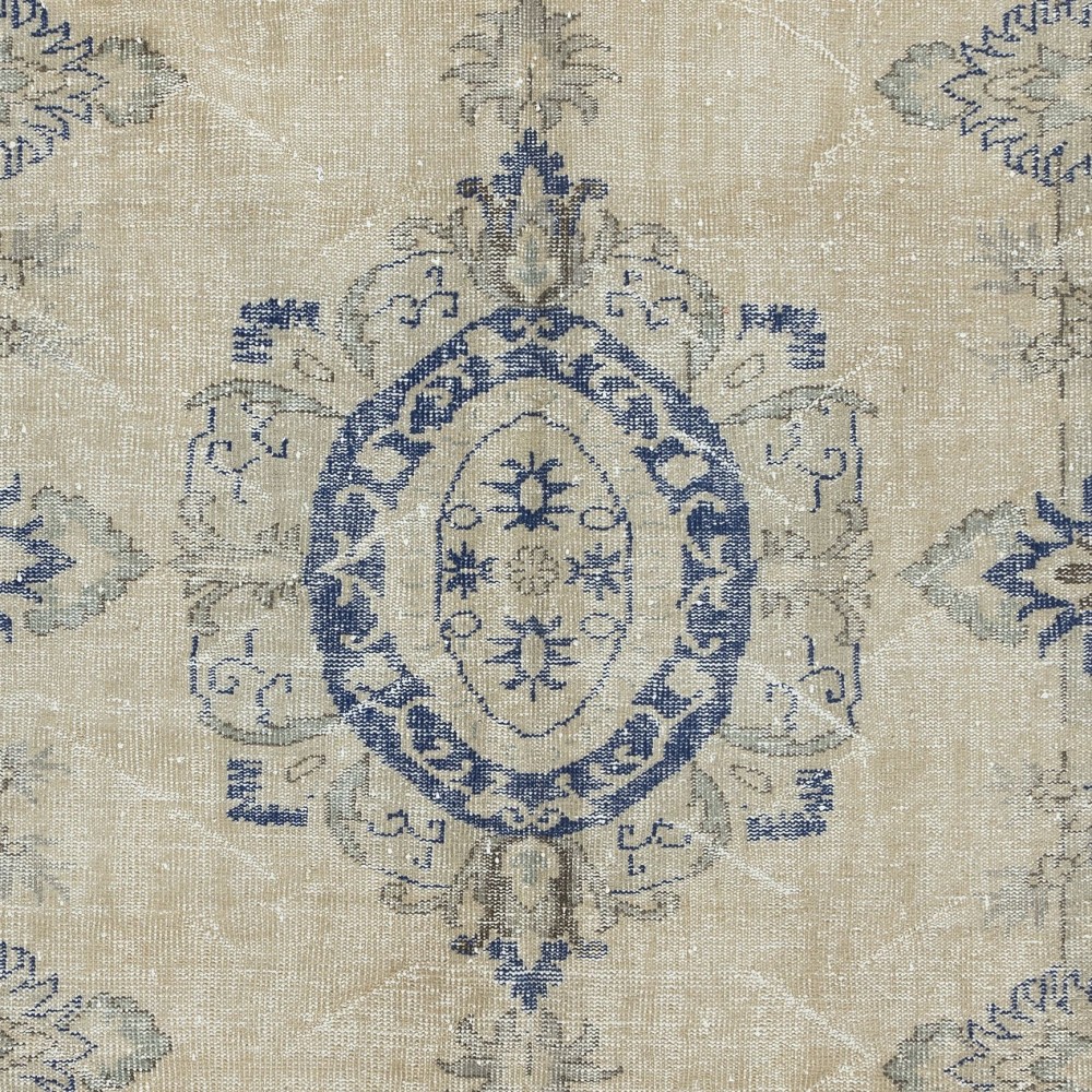 Vintage Turkish Rug in Beige & Navy Blue, Sun Faded Handmade Carpet