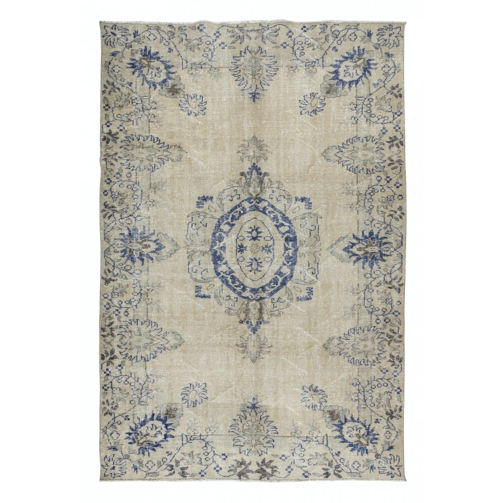 Vintage Turkish Rug in Beige & Navy Blue, Sun Faded Handmade Carpet