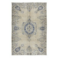 Vintage Turkish Rug in Beige & Navy Blue, Sun Faded Handmade Carpet