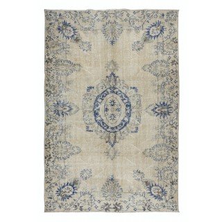 Vintage Turkish Rug in Beige & Navy Blue, Sun Faded Handmade Carpet