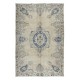 Vintage Turkish Rug in Beige & Navy Blue, Sun Faded Handmade Carpet