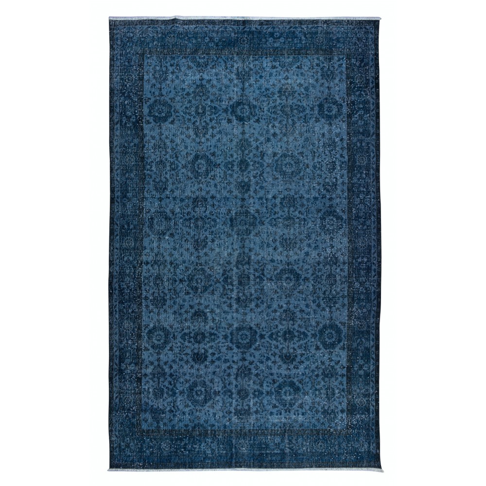 Hand Knotted Rug with Floral Design, Blue Modern Turkish Carpet for Living Room Decor, Boho Rug