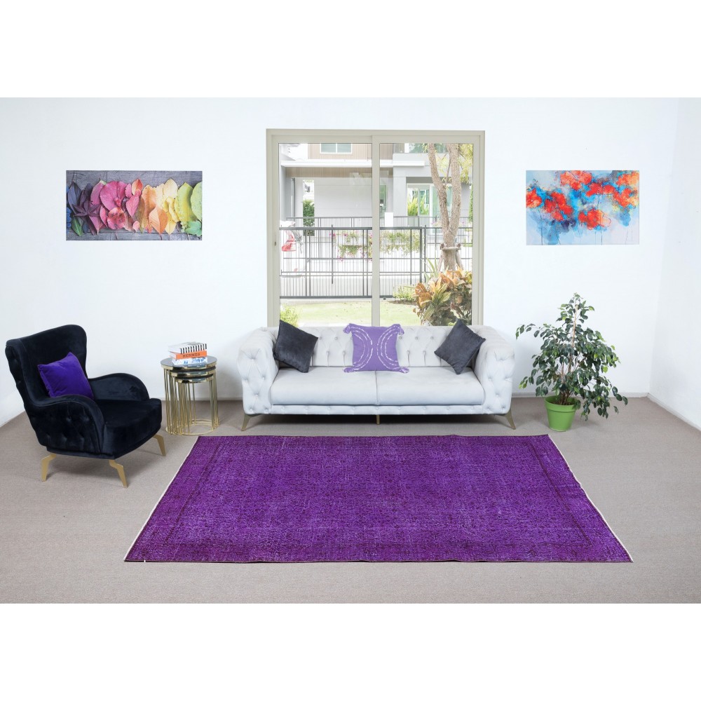 Modern Floral Patterned Area Rug in Purple, Hand-Knotted in Turkey