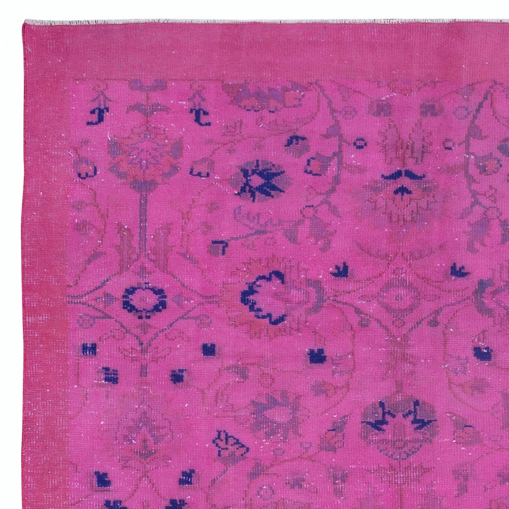 Hand-Made Turkish Pink Area Rug with Botanical Garden Design & Solid Border