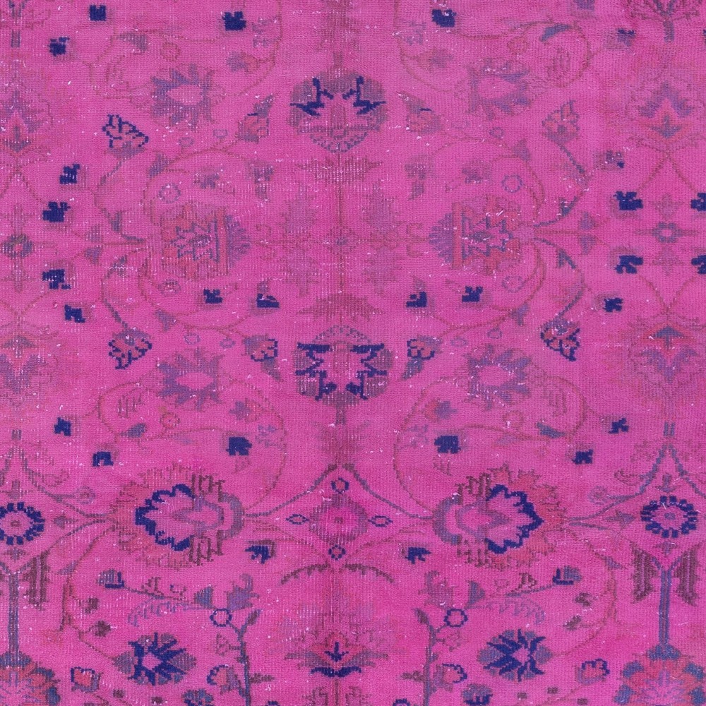 Hand-Made Turkish Pink Area Rug with Botanical Garden Design & Solid Border