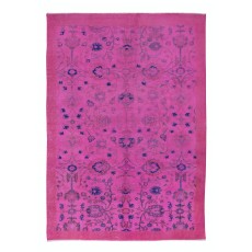 Hand-Made Turkish Pink Area Rug with Botanical Garden Design & Solid Border