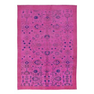 Hand-Made Turkish Pink Area Rug with Botanical Garden Design & Solid Border