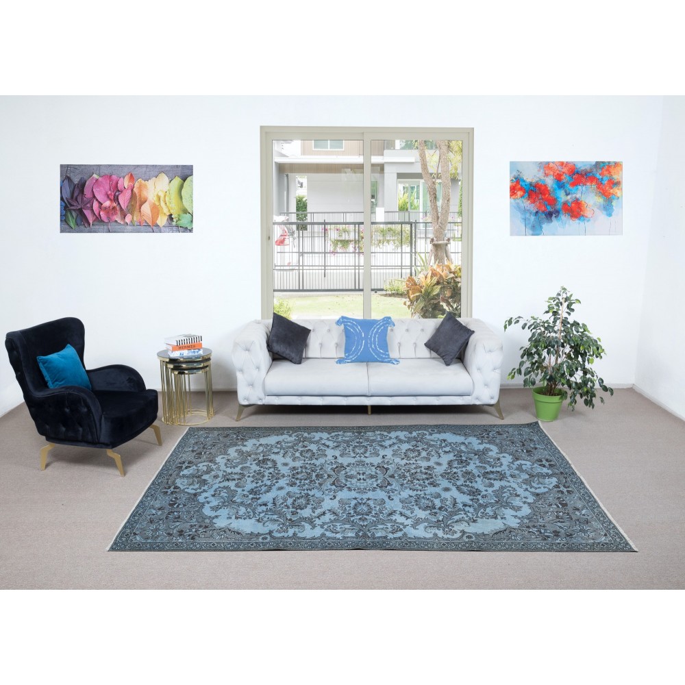 Contemporary Handmade Turkish Rug in Light Blue with Garden Design, Sky Blue Living Room Carpet