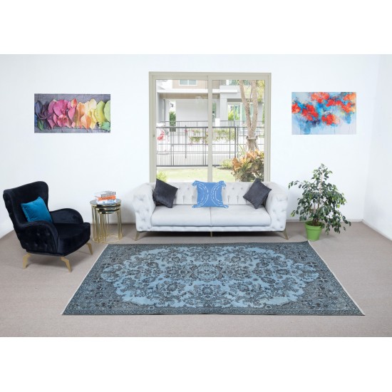 Contemporary Handmade Turkish Rug in Light Blue with Garden Design, Sky Blue Living Room Carpet