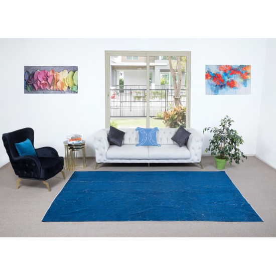 Modern Handmade Rug in Sapphire Blue, One-of-a-kind Upcycled Carpet, Turkish Floor Covering