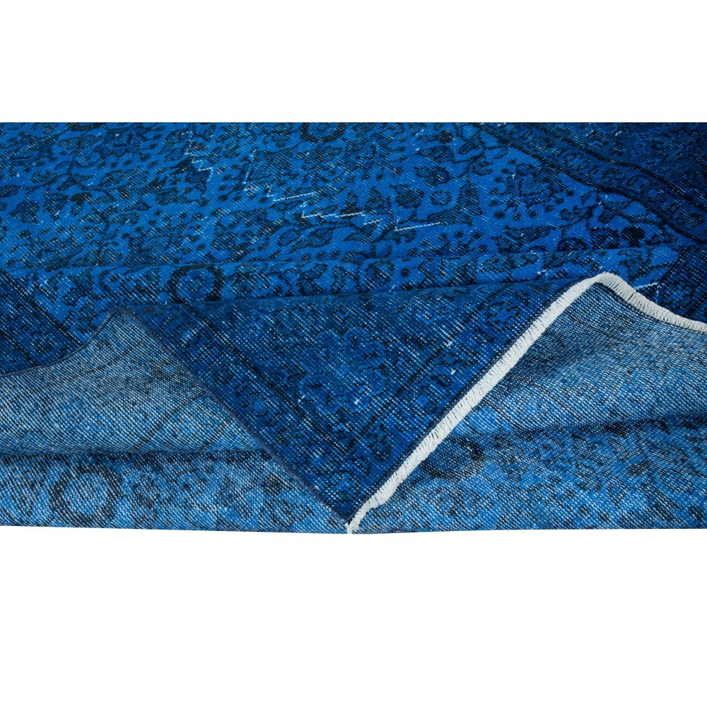 Modern Anatolian Area Rug in Ocean Blue, Handmade Navy Blue Carpet with Flower Design