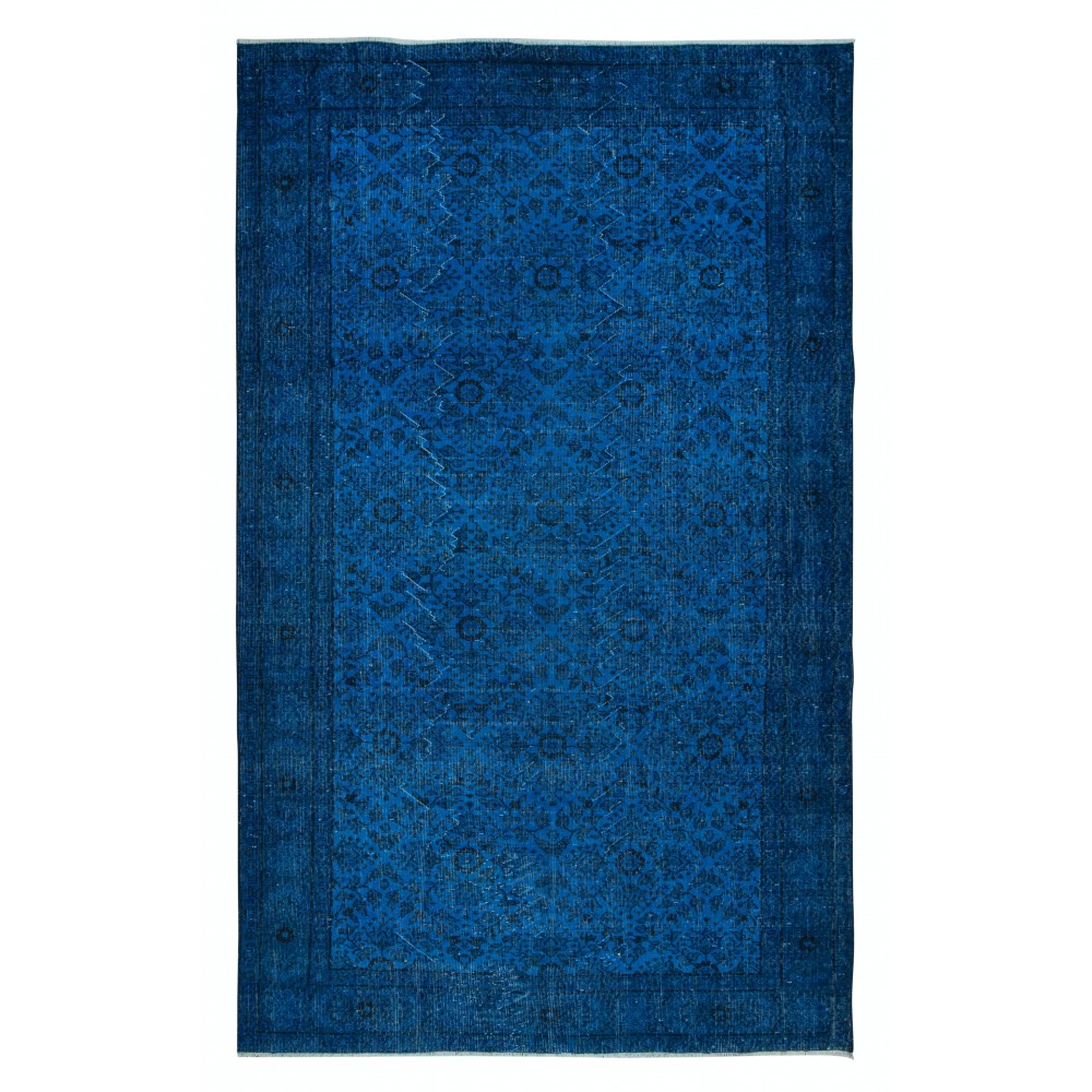 Modern Anatolian Area Rug in Ocean Blue, Handmade Navy Blue Carpet with Flower Design