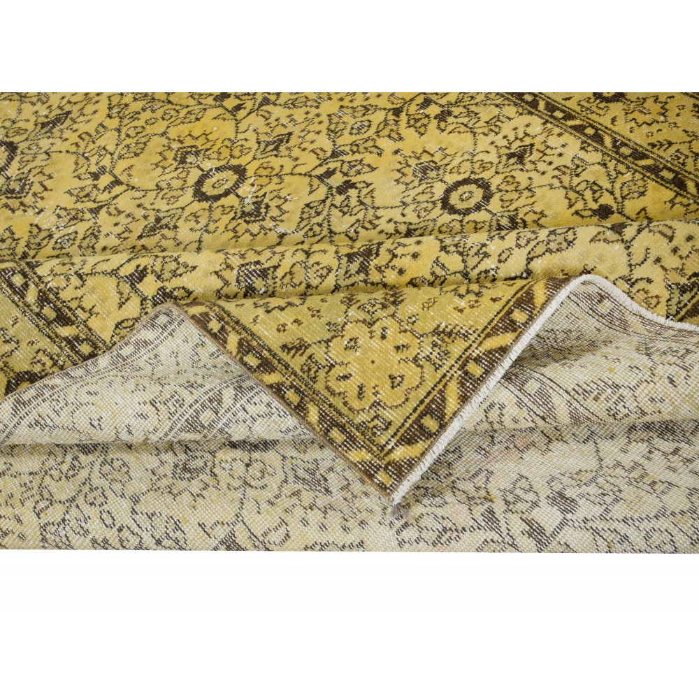 Upcycled Yellow Turkish Area Rug, Floral Design Handmade Carpet, Modern Floor Covering