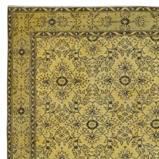 Upcycled Yellow Turkish Area Rug, Floral Design Handmade Carpet, Modern Floor Covering