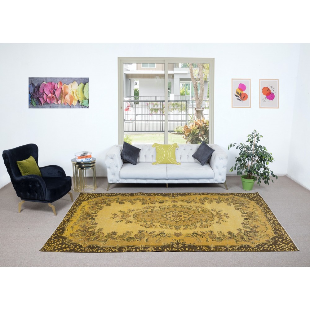 Contemporary Handmade Turkish Area Rug with Medallion Design & Yellow Background