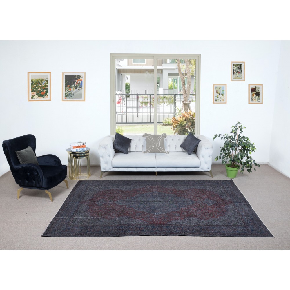 Handmade Turkish Area Rug in Gray, Burgundy Red & Dark Blue for Modern Interiors