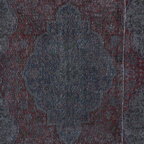 Handmade Turkish Area Rug in Gray, Burgundy Red & Dark Blue for Modern Interiors