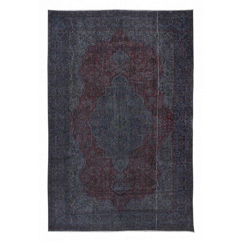 Handmade Turkish Area Rug in Gray, Burgundy Red & Dark Blue for Modern Interiors