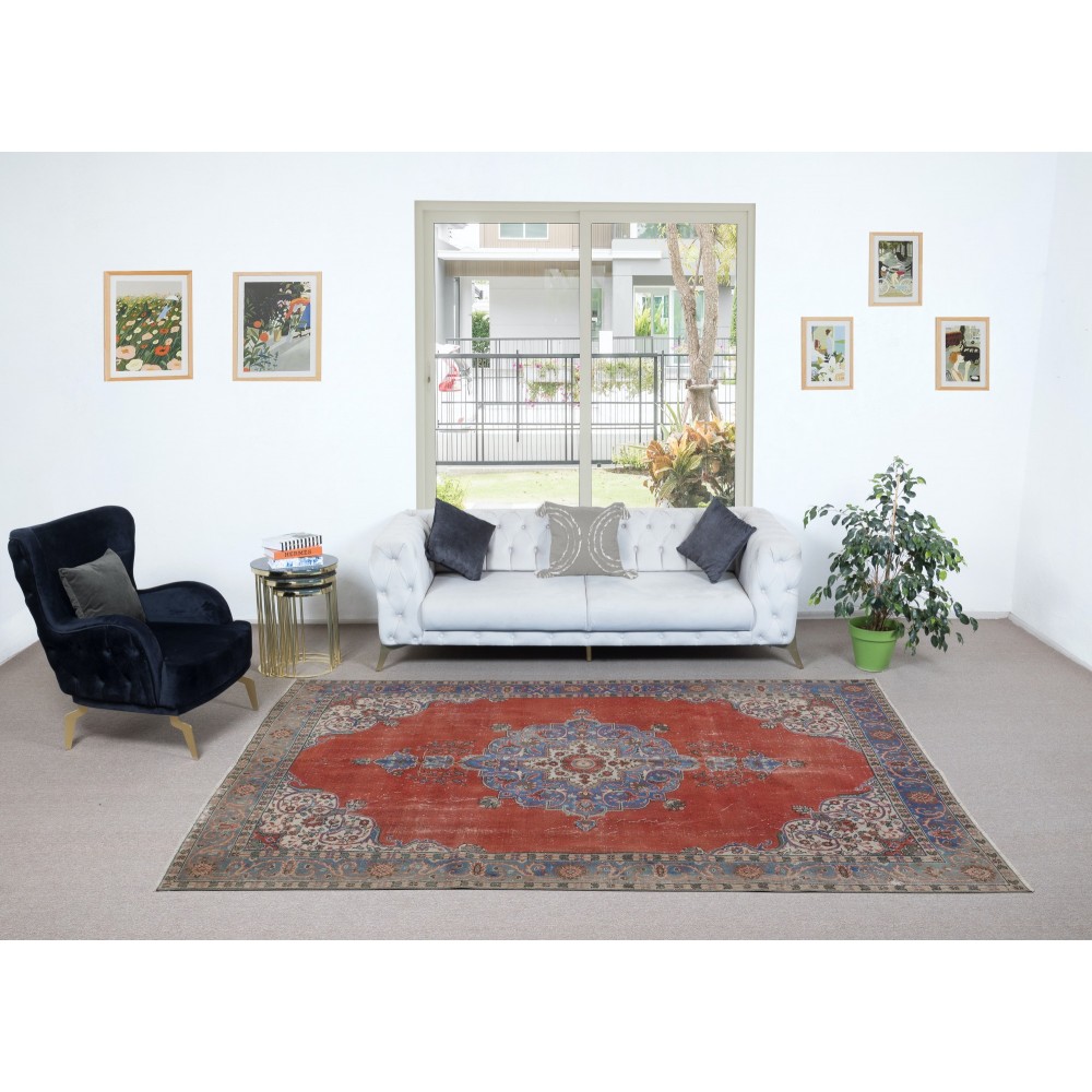 One-of-a-kind Vintage Handmade Turkish Area Rug in Red, Navy Blue & Beige with Medallion