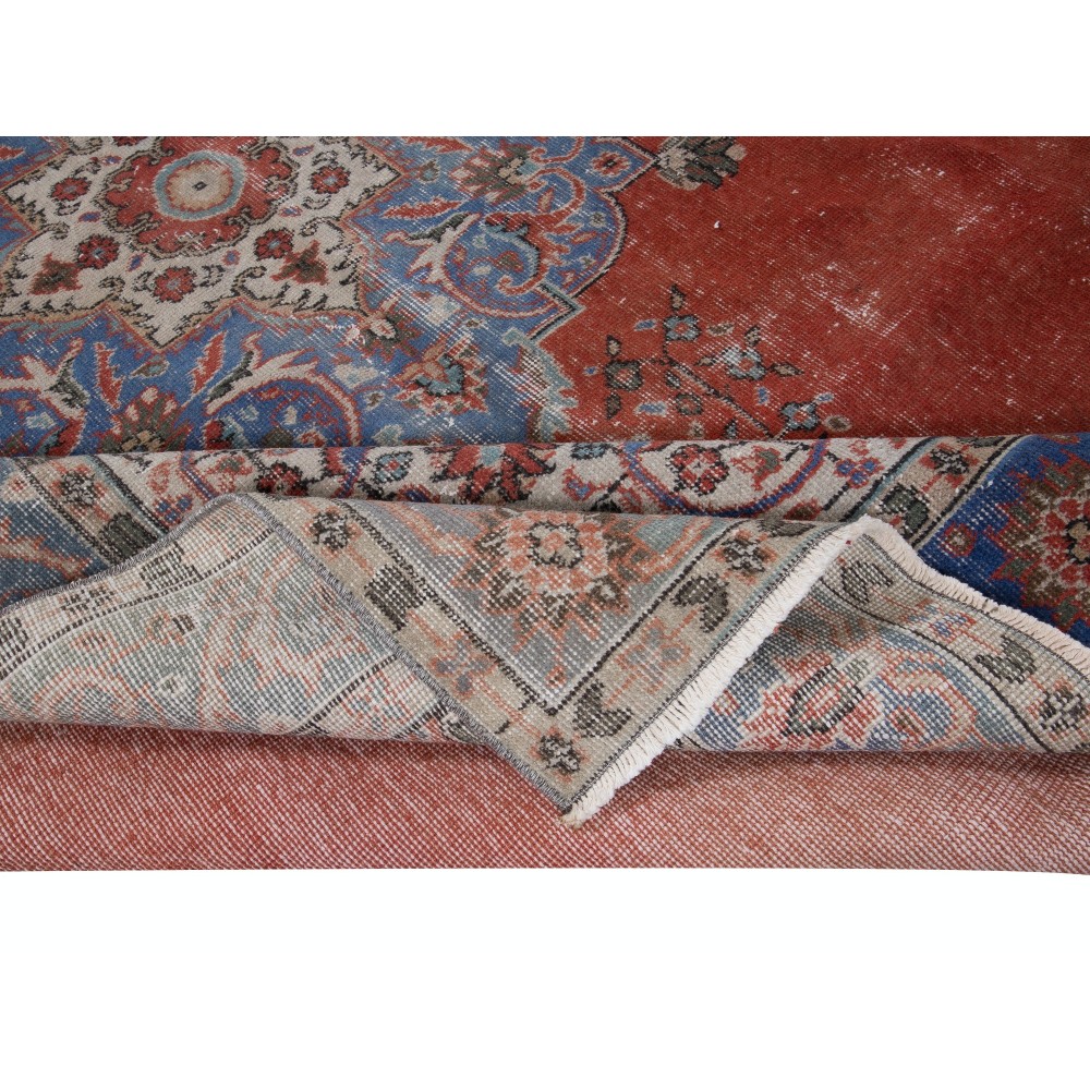 One-of-a-kind Vintage Handmade Turkish Area Rug in Red, Navy Blue & Beige with Medallion