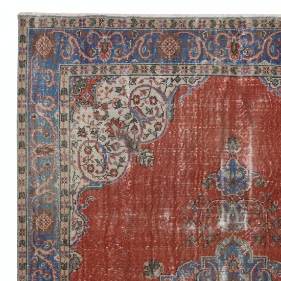One-of-a-kind Vintage Handmade Turkish Area Rug in Red, Navy Blue & Beige with Medallion