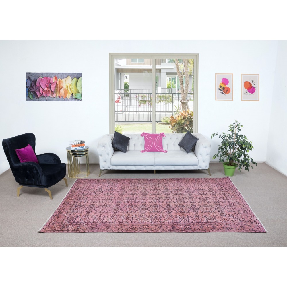 Handmade Floral Pattern Floor Area Rug in Pink, Modern Turkish Wool Carpet