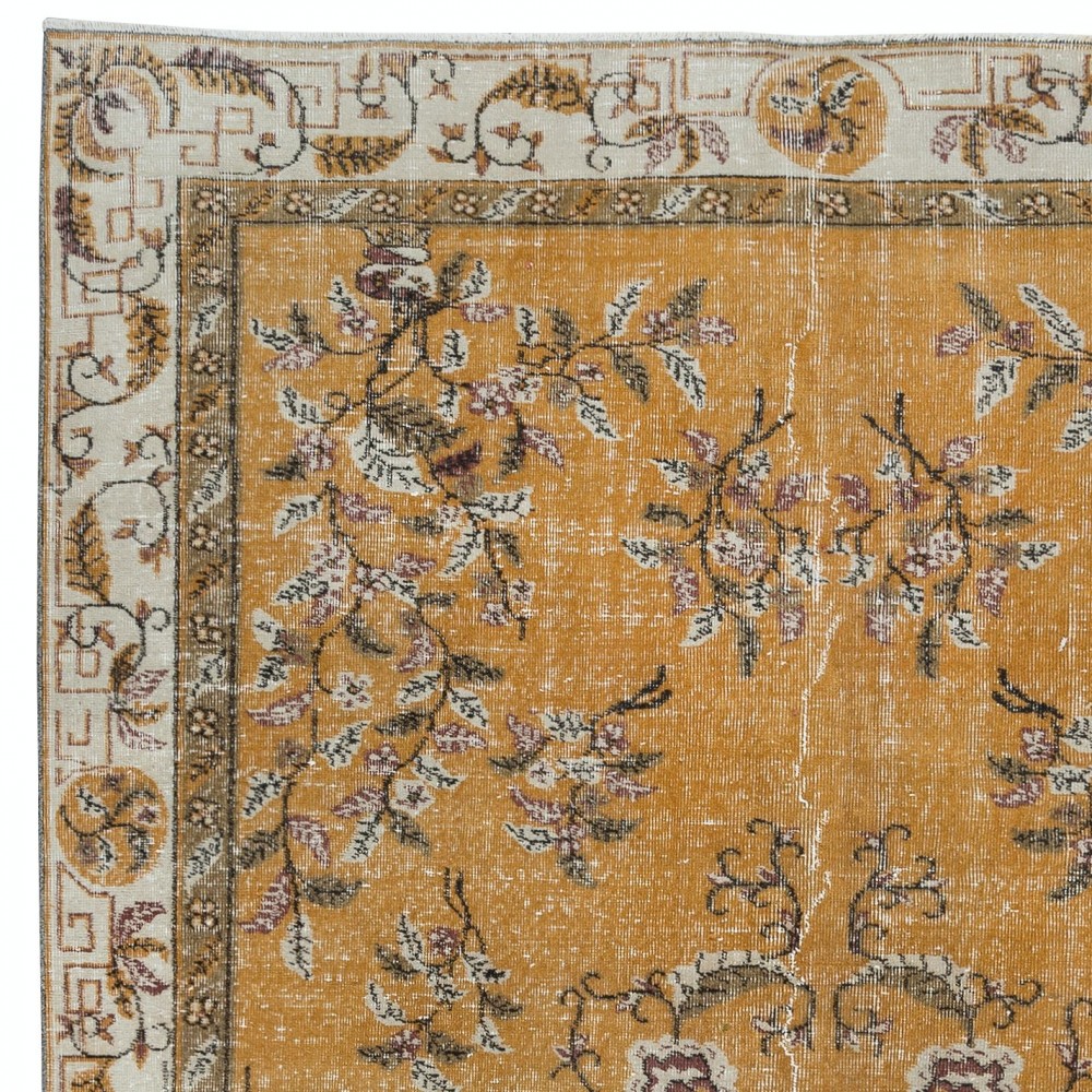 Unique Chinese Art Deco Inspired Vintage Handmade Rug in Orange & Beige