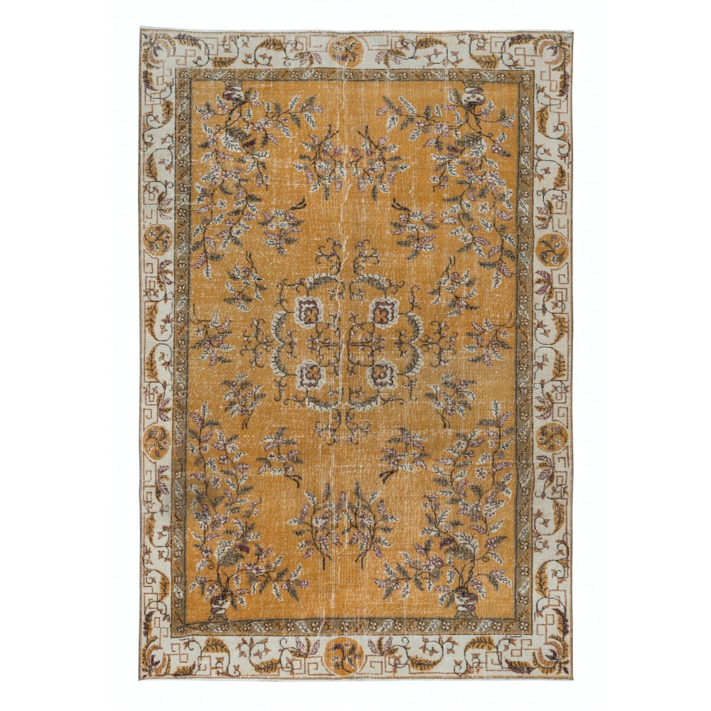 Unique Chinese Art Deco Inspired Vintage Handmade Rug in Orange & Beige