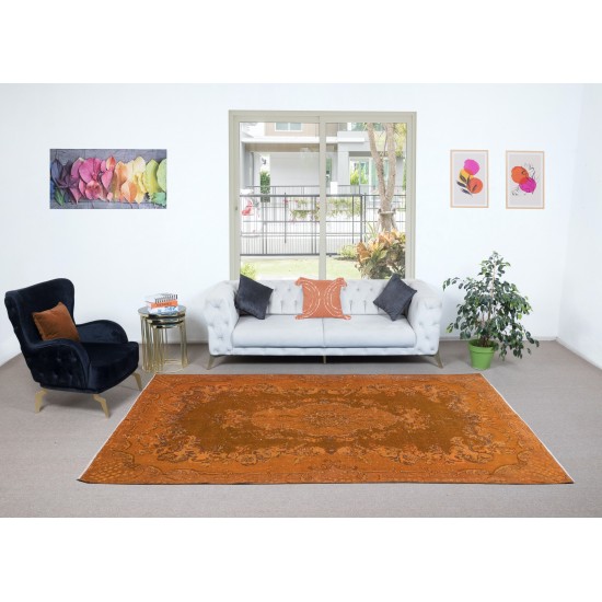 Traditional Orange Hand Knotted Turkish Area Rug for Modern Interiors