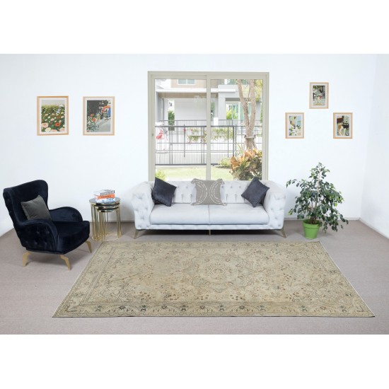 Unique Vintage Area Rug for Living Room, Handmade Anatolian Carpet in Beige with Medallion Design