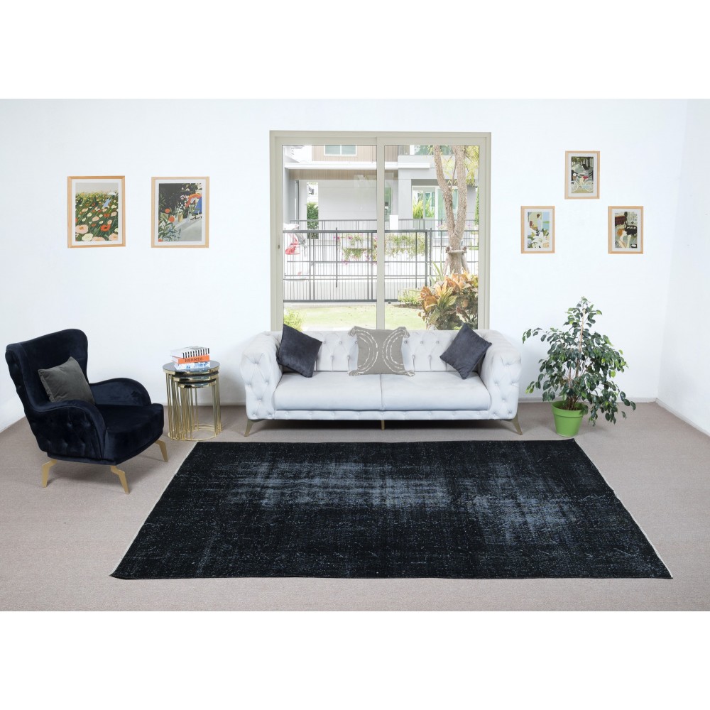 Overdyed Wool Black Area Rug, Handmade in Turkey, Modern Upcycled Large Carpet