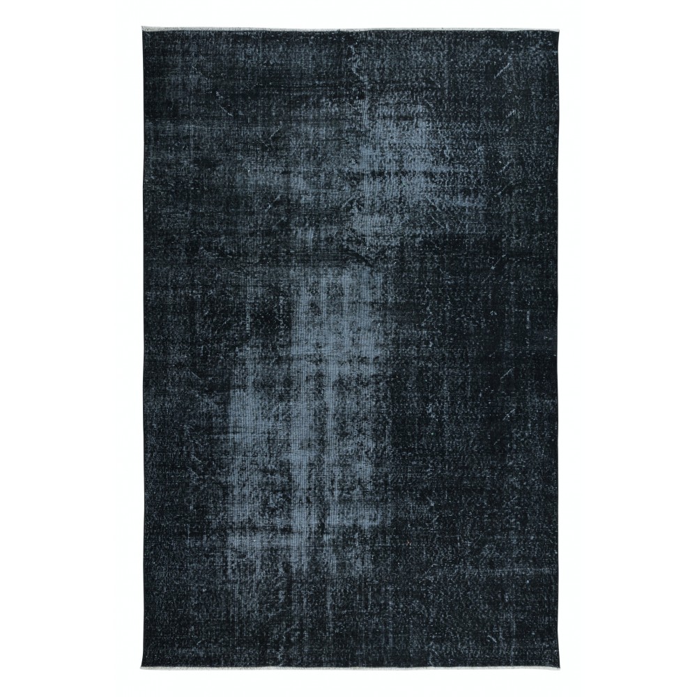Overdyed Wool Black Area Rug, Handmade in Turkey, Modern Upcycled Large Carpet