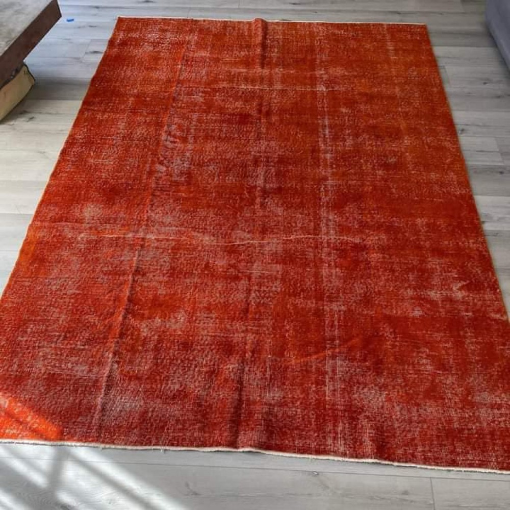 Plain Solid Burnt Orange Turkish Rug. Modern Handmade Upcycled Carpet