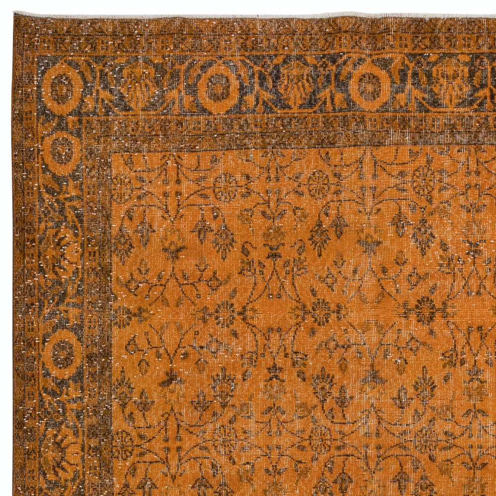 Handmade Rug with All-Over Botanical Design, Orange Turkish Carpet, Woolen Floor Covering