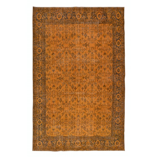Handmade Rug with All-Over Botanical Design, Orange Turkish Carpet, Woolen Floor Covering