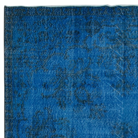 Blue Modern Area Rug, Large Overdyed Carpet, Handmade Living Room Carpet in Sapphire Blue