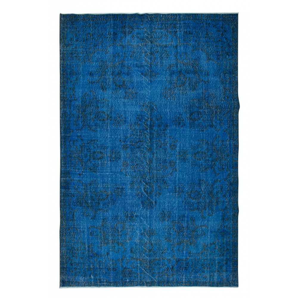 Blue Modern Area Rug, Large Overdyed Carpet, Handmade Living Room Carpet in Sapphire Blue