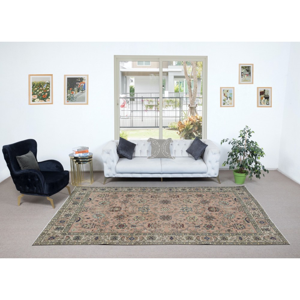 Vintage Handmade Turkish Large Rug in Red & Beige with Romantic Botanical Design