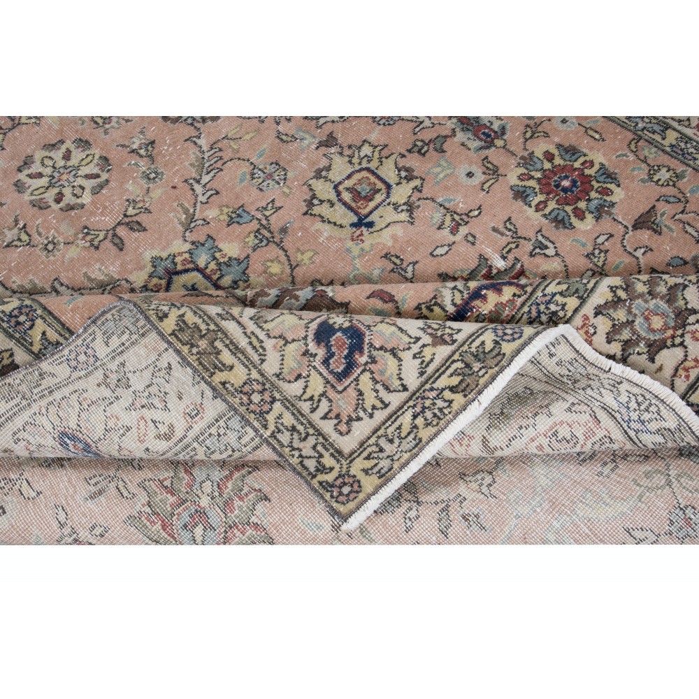 Vintage Handmade Turkish Large Rug in Red & Beige with Romantic Botanical Design