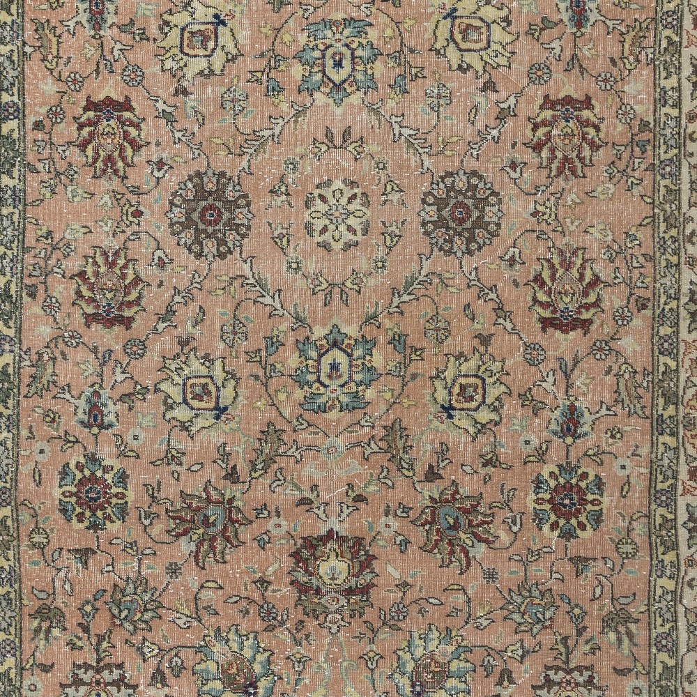 Vintage Handmade Turkish Large Rug in Red & Beige with Romantic Botanical Design