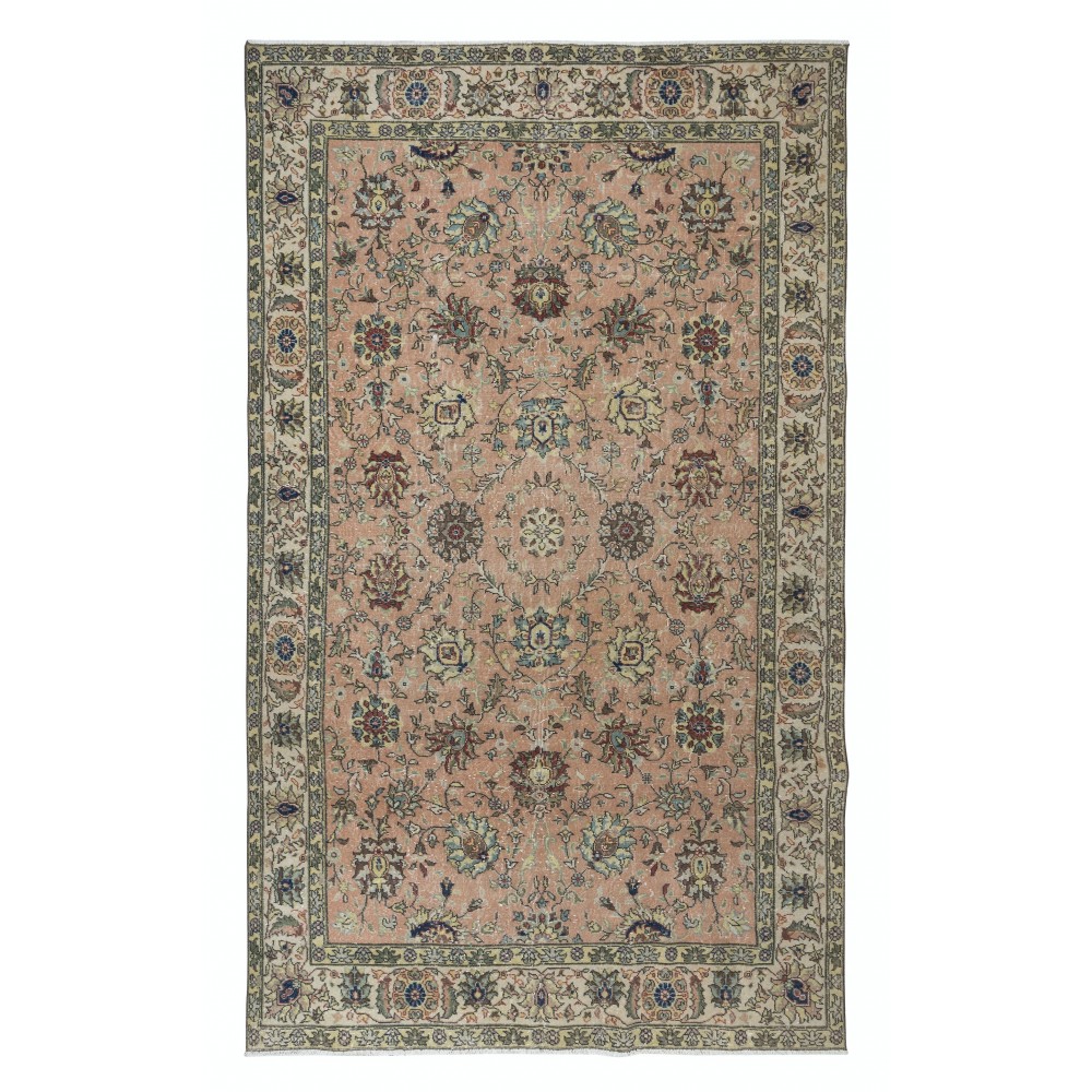 Vintage Handmade Turkish Large Rug in Red & Beige with Romantic Botanical Design