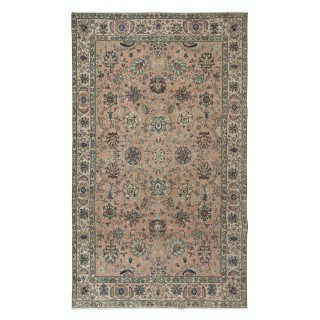 Vintage Handmade Turkish Large Rug in Red & Beige with Romantic Botanical Design