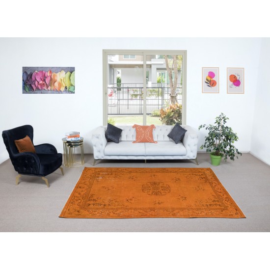 Floral Art Deco Rug, Orange Handmade Wool and Cotton Carpet, Modern Floor Covering