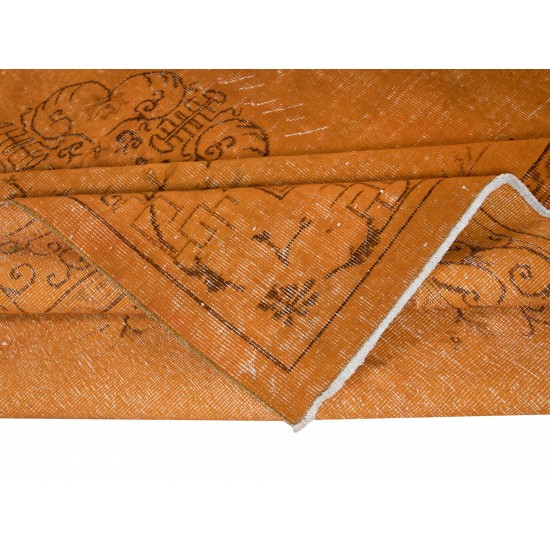 Floral Art Deco Rug, Orange Handmade Wool and Cotton Carpet, Modern Floor Covering