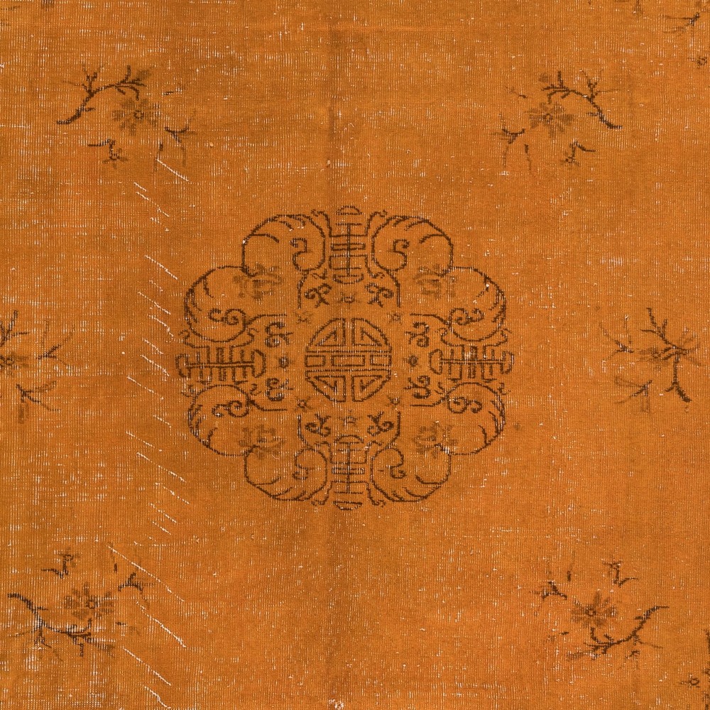 Floral Art Deco Rug, Orange Handmade Wool and Cotton Carpet, Modern Floor Covering